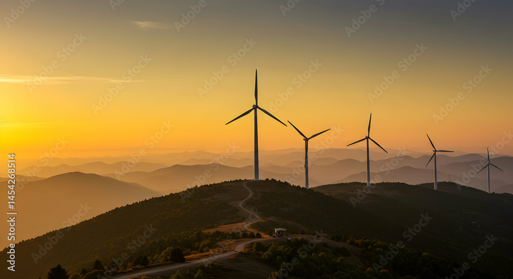 Scenic Sunrise Over Wind Turbines on a Mountainous Landscape Scenic Sunrise Over Wind Turbines on a Mountainous Landscape