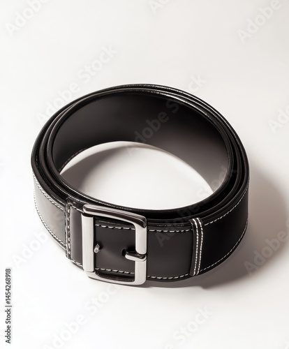 Black leather belt with silver buckle on white background for fashion and accessories display