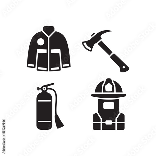 Firefighting Tools and Gear Icons in Minimalist Style, Emergency Fire Equipment Vector Icons – Black and White, Fire Truck, Helmet, and Extinguisher Silhouettes