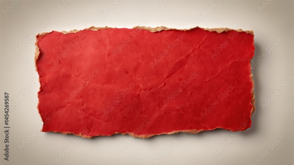 Old, worn red paper sticker with torn edges on a neutral background, isolated object Old, worn red paper sticker with torn edges on a neutral background, isolated object