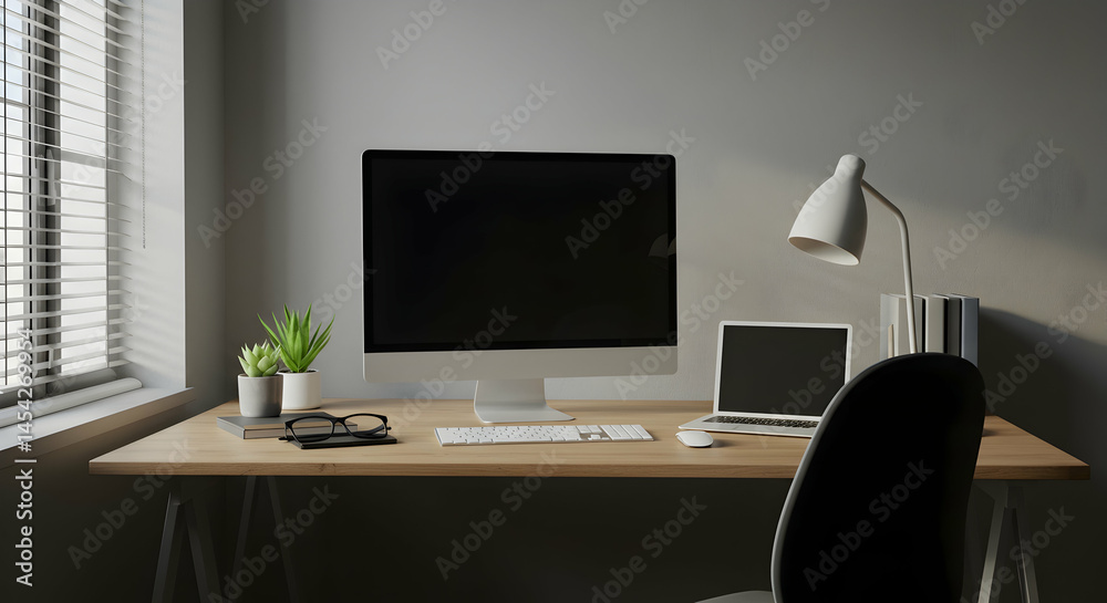 Modern Workspace with Computer, Desk Lamp, and Indoor Plant Decor Modern Workspace with Computer, Desk Lamp, and Indoor Plant Decor