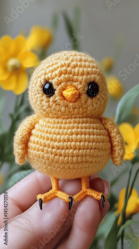 Handcrafted yellow chick doll held against a background of blooming flowers in a cozy indoor setting
