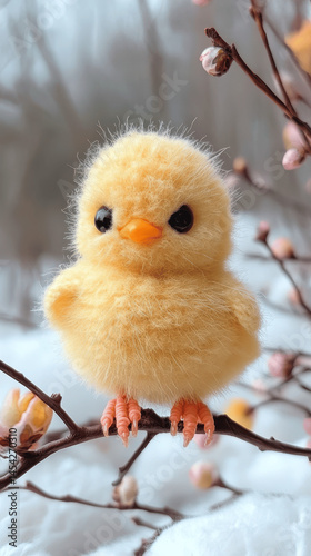 Cute yellow chick perched on a branch among delicate pink blossoms in springtime setting