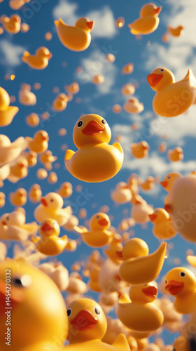 Colorful rubber ducks float playfully in the bright blue sky filled with fluffy clouds on a sunny day