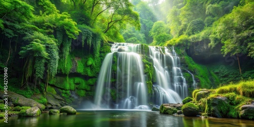 waterfall cascading down green forest, jungle, forest, jungle,forest,wildlife,liquid,vine,misty,flower,tree,leaf,lush,drip,stream