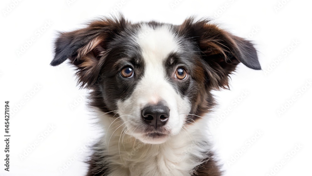 A curious border collie puppy tilts its head to one side as it gazes up at the camera with an intent expression, revealing its small nose and floppy ears , border collie, whiteshorthaired dog A curious border collie puppy tilts its head to one side as it gazes up at the camera with an intent expression, revealing its small nose and floppy ears , border collie, whiteshorthaired dog
