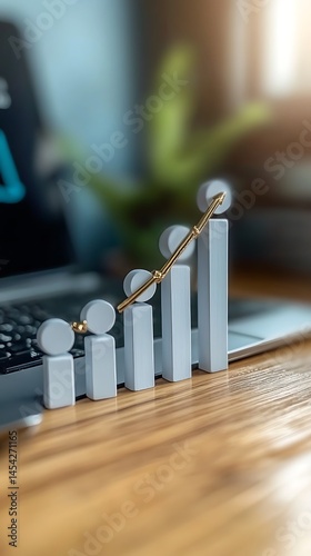 Upward trend of bar graph on laptop, indicating business and financial growth, investment, analytics, chart, rising