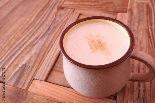 Warm Cappuccino in White Mug on Wooden Table – Cozy Morning Coffee Vibe