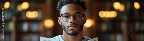 Focused young man in a library setting