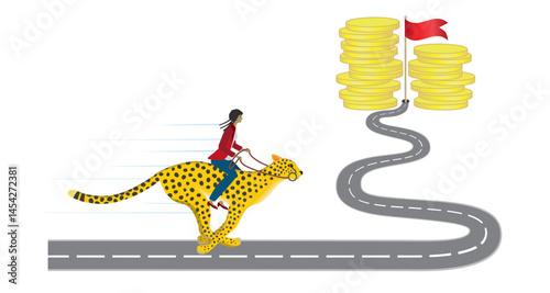 Woman trying to earn money as fast as she can, even if its a winding road. Riding on fast running cheetah. Vector illustration.