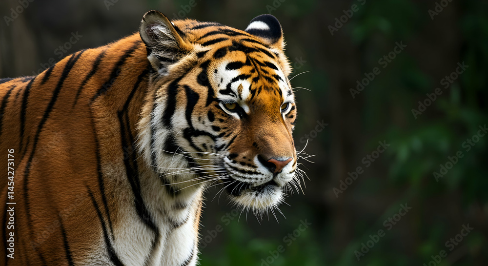 Majestic Tiger Profile Against Lush Green Background in Nature Majestic Tiger Profile Against Lush Green Background in Nature