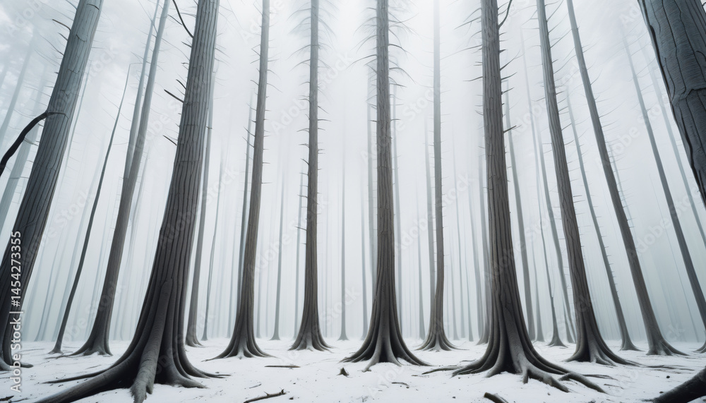 Snowy Forest with Tall Trees and Fog Snowy Forest with Tall Trees and Fog