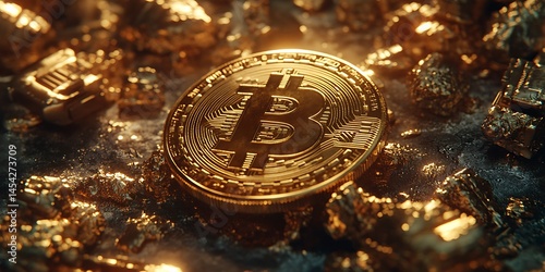 Gold Bitcoin Coin amidst Gold Dust