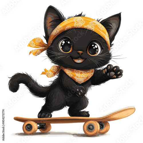 Cute Black cat playing skateboard
