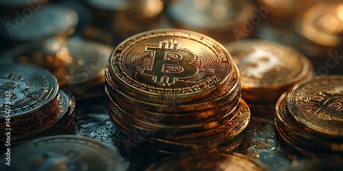 Golden digital currency coins stacked
