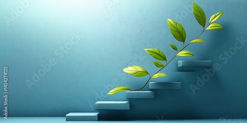 A plant climbing steps, symbolizing growth and progress against a serene blue backdrop