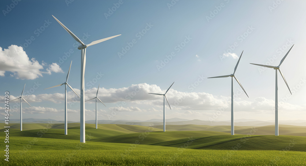 Wind Turbines on Green Hills Under Bright Blue Sky with Clouds Wind Turbines on Green Hills Under Bright Blue Sky with Clouds