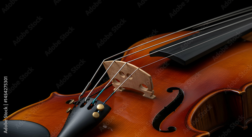 Fototapeta premium Close-Up of Violin Strings and Bridge on Black Background