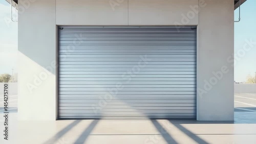 A modern roll-up garage door with a sleek design and soft lighting.