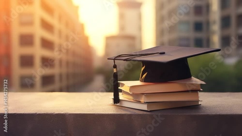 A stack of books topped with a graduation cap against an urban backdrop at sunset.
