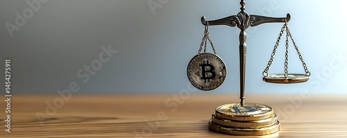 An old-style balance scale displaying the weight of a bitcoin versus other coins, on a wood table, in a studio