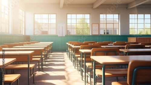 A bright, empty classroom with wooden desks and chairs illuminated by sunlight.
