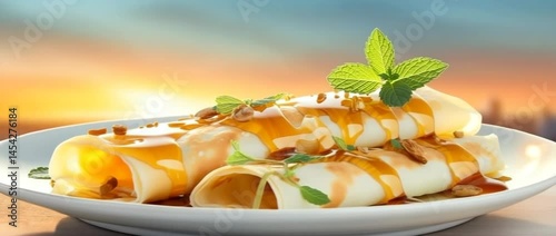 Delicious pancakes drizzled with sauce and garnished, perfect for breakfast or dessert.