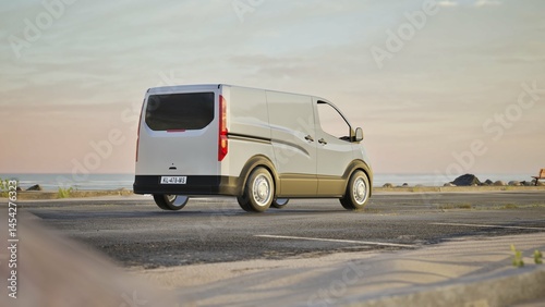 In nice gloomy weather, a white van stands on the road beside the beach. White commercial delivery van isolated on white, 3d illustration