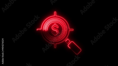 Red neon dollar sign in a target circle with a magnifying glass on black background