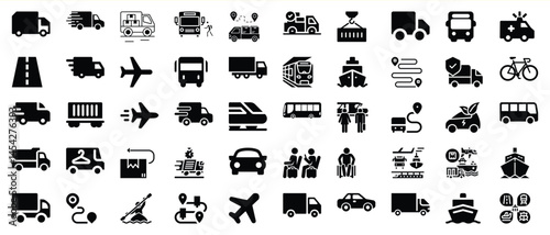 Transportation and delivery vector icons set with various modes and services