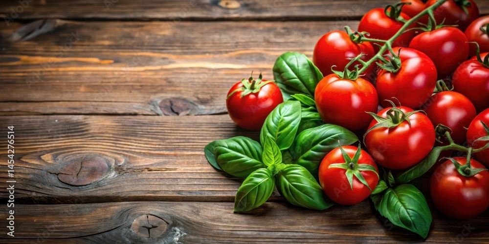 Freshly picked ripe red tomatoes and fragrant fresh basil leaves are artfully arranged on a rustic wooden table, highlighting the beauty of seasonal produce , tomatoes, produce Freshly picked ripe red tomatoes and fragrant fresh basil leaves are artfully arranged on a rustic wooden table, highlighting the beauty of seasonal produce , tomatoes, produce