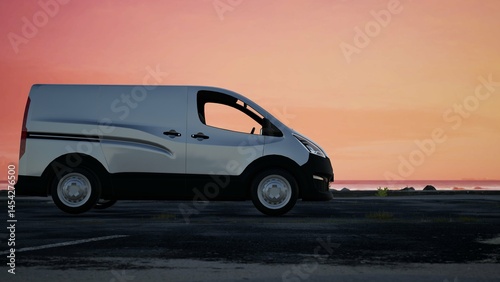 In nice gloomy weather, a white van stands on the road beside the beach. White commercial delivery van isolated on white, 3d illustration