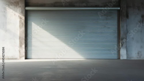 A closed metallic roller shutter door on a concrete wall, providing industrial ambiance.