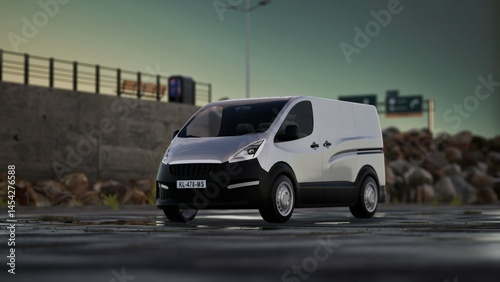 In nice gloomy weather, a white van stands on the road beside the beach. White commercial delivery van isolated on white, 3d illustration