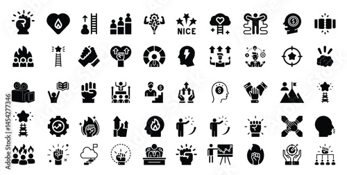 Set of black iconographic illustrations representing success and growth in various aspects of life