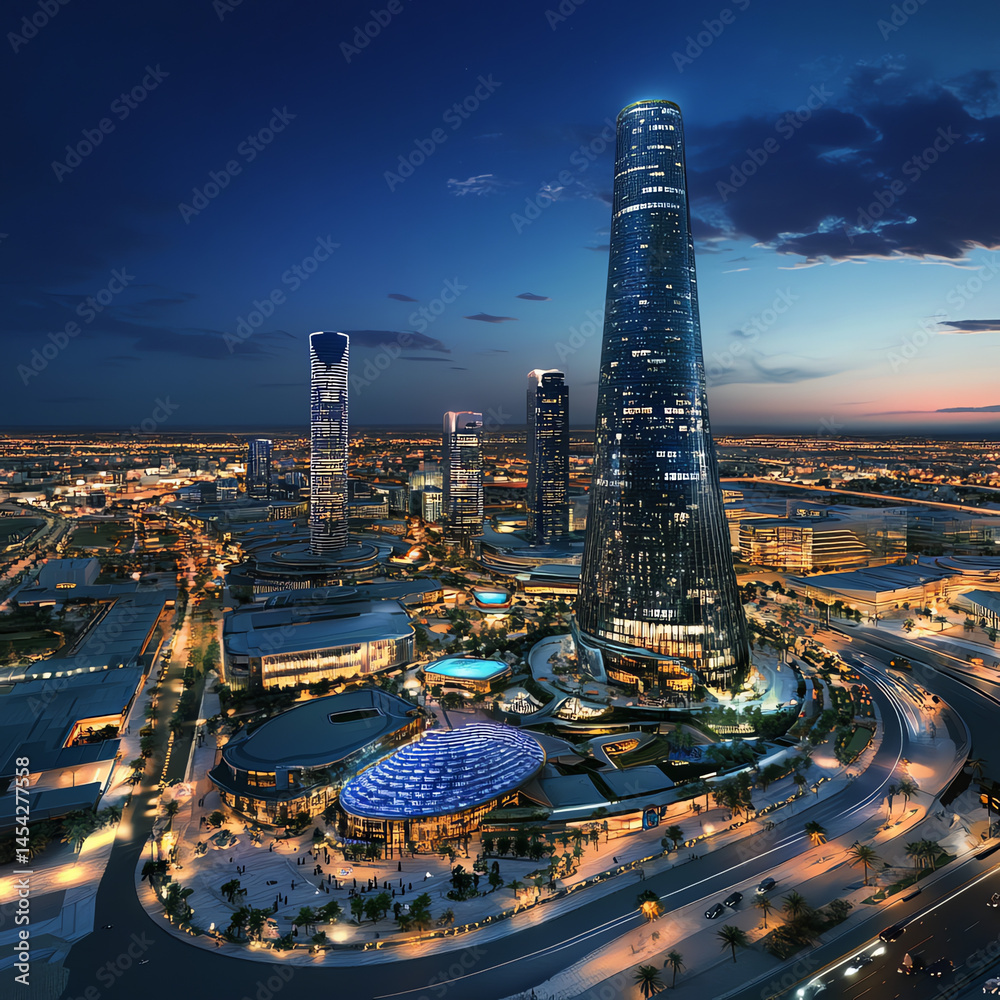 Fototapeta premium Night cityscape skyscrapers urban development