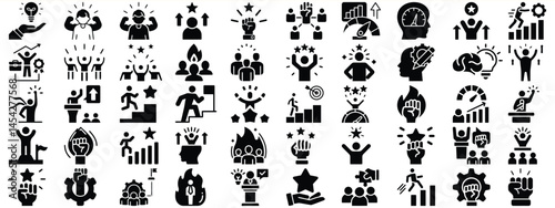 Collection of business success and teamwork icon set depicting goals and achievement