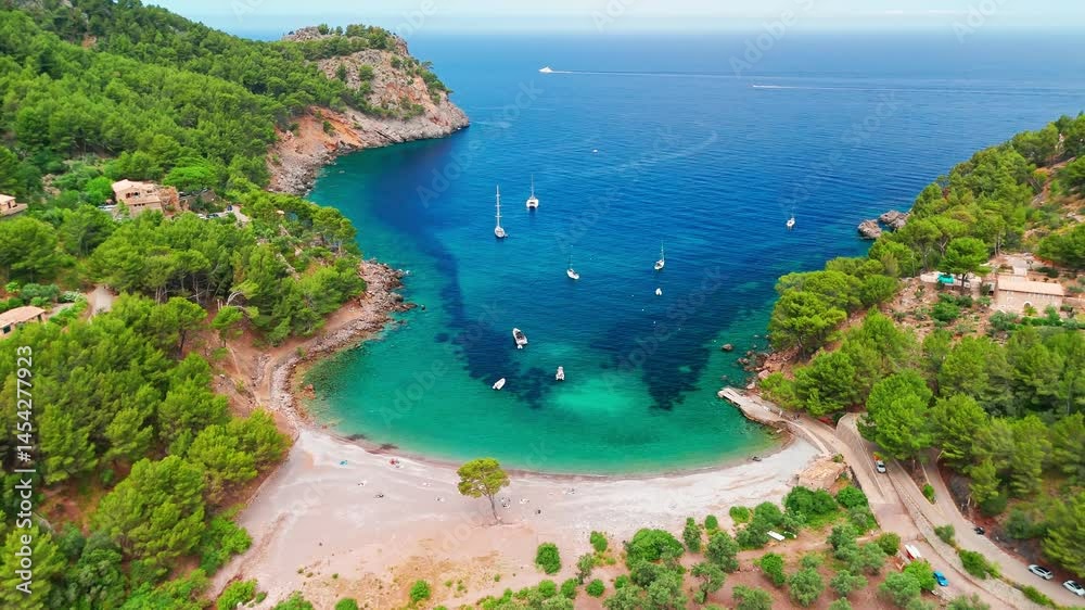 Aerial view of Tuent beach in Mallorca, Balearic Islands, Spain Aerial view of Tuent beach in Mallorca, Balearic Islands, Spain