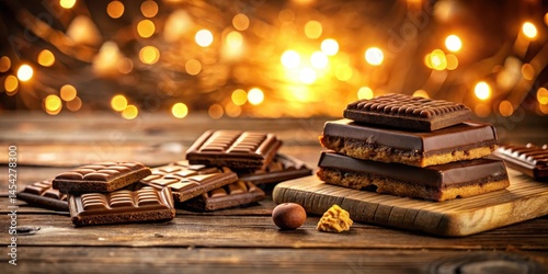 Rich chocolate and biscuit bar dessert on a wooden table with a warm golden light, indulgence