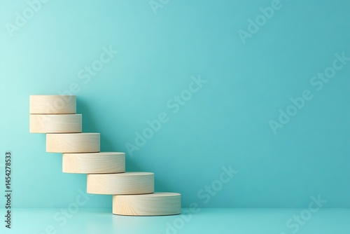 Wooden cylinder steps ascend against a clean teal wall, casting subtle shadows in a bright, airy room