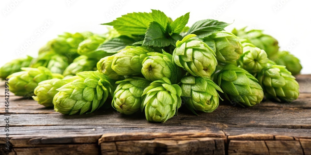 Fresh green hop cones close-up on wooden table, isolated on white background, with some of the cones slightly bent from being freshly picked from a brewery, botanical garden, farm products Fresh green hop cones close-up on wooden table, isolated on white background, with some of the cones slightly bent from being freshly picked from a brewery, botanical garden, farm products