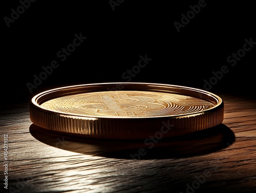 Shiny, gold coin. Dramatic lighting creates depth, textures on a wooden surface. Symbol of crypto currency