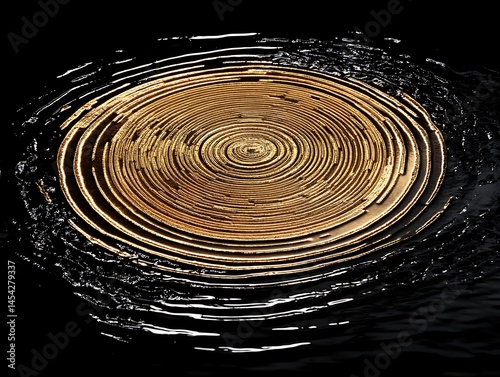Abstract, concentric spiral, gold and black, with dark liquid around the golden center