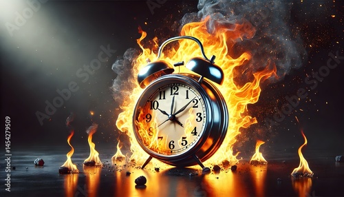 Alarm clock on fire. Burning alarm clock, flames, fire, melting time, dramatic lighting, dark background, urgency, symbolic, surreal, conceptual art, high contrast, glowing embers, smoke, heat waves