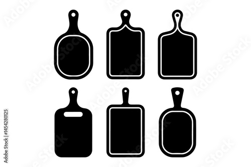 Set of six black and white cutting boards with various shapes and handles