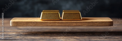 Two gold bars sit on a wood board against a dark background, symbolizing wealth and security