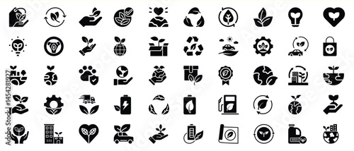 Collection of eco friendly sustainable icons depicting environmental protection and conservation concepts