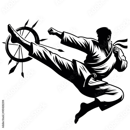 Karate kick silhouette vector black on white background
