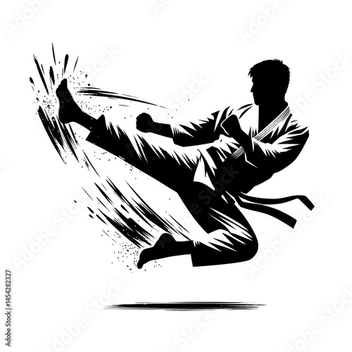 Martial arts kicking silhouette icon on white background