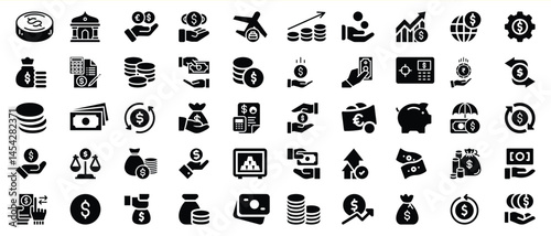 Black and white financial icons symbolizing money investment banking and economic growth